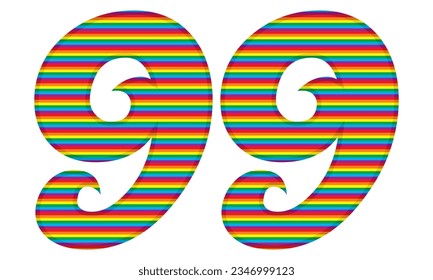 Number Ninety Nine With Rainbow Colors Pattern Vector Illustration. Number 99 In LGBT Flag Colors