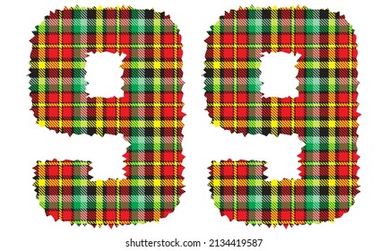 Número Noventa Y Nueve Con Textura Textil. Número 99 Con Patrón De Placa Aislado En Fondo Blanco
