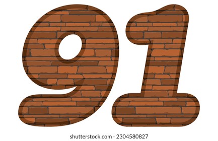 Number Ninety One In Brick Style Vector Illustration. Number 91 With Brick Texture Isolated On A White Background