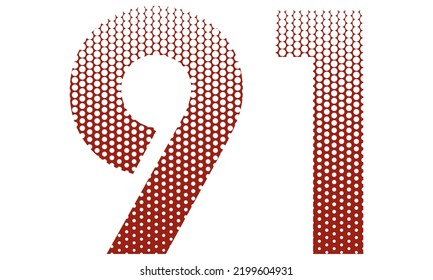 Número Noventa Y Uno Con Ilustración Del Vector De Patrón Con Punto Rojo Y Blanco. Número 91 Aislado En Un Fondo Blanco
