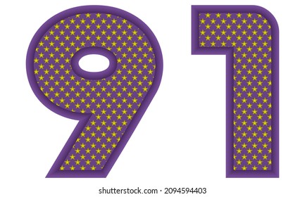 Number Ninety One With Star Shaped Pattern Vector Illustration. Number 91 With Star Texture Isolated On A White Background
