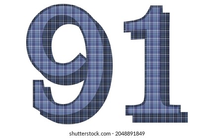 Number Ninety One With Textile Texture Vector Illustration. Number 91 With Plaid Pattern Isolated On A White Background

