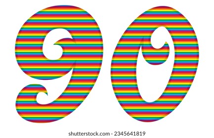 Number Ninety With Rainbow Colors Pattern Vector Illustration. Number 90 In LGBT Flag Colors