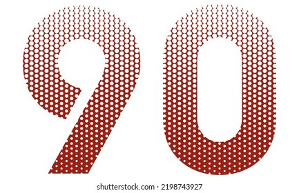 Number Ninety With Red And White Dotted Pattern Vector Illustration. Number 90 Isolated On A White Background

