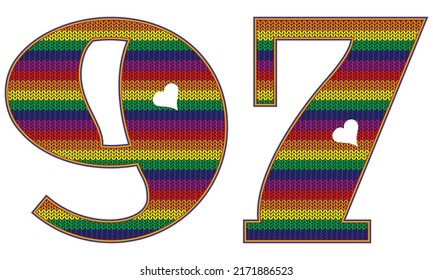 Number Ninety Seven With Rainbow LGBT Pattern. Number 97 Isolated On A White Background. Knitted Pattern In LGBT Flag Colors
