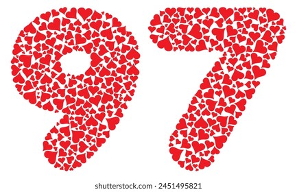 Number Ninety Seven With Red Hearts Love Pattern Vector Illustration. Number 97 Isolated On A White Background
