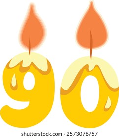 
Number Ninety Shaped Candle Vector Cartoon Design Illustration. Numerical designed celebratory decor for birthday event 
