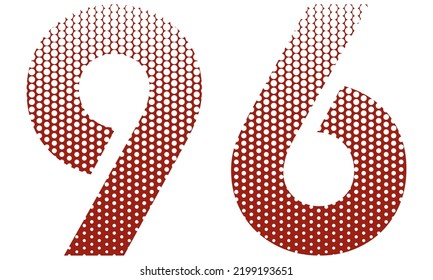 Number Ninety Six With Red And White Dotted Pattern Vector Illustration. Number 96 Isolated On A White Background
