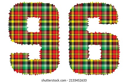 Number Ninety Six With Textile Texture. Number 96 With Plaid Pattern Isolated On A White Background
