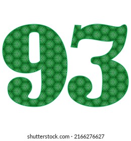Number Ninety Three With Leaves Pattern Vector Illustration. Green Number 93 With Ecological Texture Isolated On A White Background
