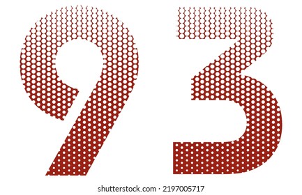 Number Ninety Three With Red And White Dotted Pattern Vector Illustration. Number 93 Isolated On A White Background
