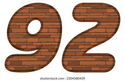 Number Ninety Two In Brick Style Vector Illustration. Number 92 With Brick Texture Isolated On A White Background