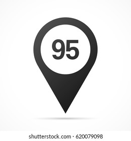 Number Ninety-five, 95 on map pin. Location pointer isolated on a white background.
Conceptual vector illustration.