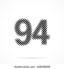 Number Ninety-four, 94 in halftone. Dotted illustration isolated on a white background.
Vector illustration.