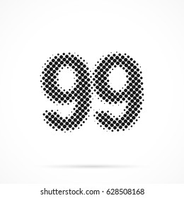 Number Ninety-nine, 99 in halftone. Dotted illustration isolated on a white background.
Vector illustration.