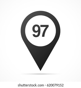 Number Ninety-seven, 97 on map pin. Location pointer isolated on a white background.
Conceptual vector illustration.