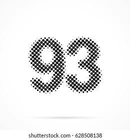 Number Ninety-three, 93 in halftone. Dotted illustration isolated on a white background.
Vector illustration.