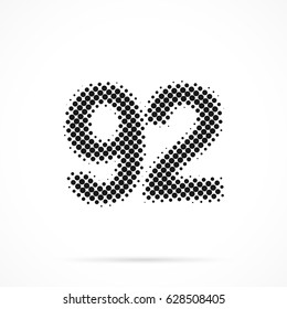 Number Ninety-two, 92 in halftone. Dotted illustration isolated on a white background.
Vector illustration.