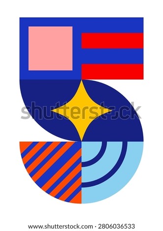 Number, numeral 5, five with abstract geometric pattern illustration isolated. Holiday typography, vintage, retro design element. Decorative shapes, tiles on grid. Vector clip art on transparent