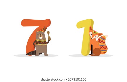 Number or Numeral with Cute Beaver and Fox Animal Isolated on White Background Vector Set