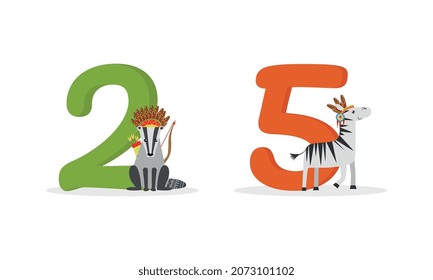 Number or Numeral with Cute Raccoon and Zebra Animal with Feathered Band and Quiver with Arrow Vector Set