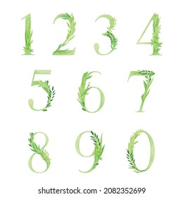 Number or Numeral Decorated with Green Foliage and Leaf Vector Set