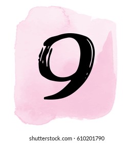 Number on watercolor background. Number in hand drawn calligraphy style. Vector illustration.