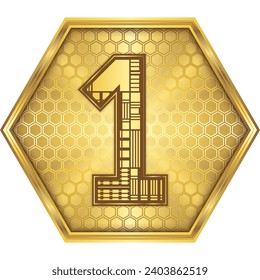 Número uno (1) Letra árabe numérica, placa de circuito robótico cibernético de ingeniería, botón de logotipo de icono matemático diseño hexágono dorado, fondo blanco