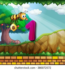 Número uno con una abeja volando en la ilustración del jardín