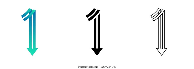 Number One (1) Double Folded Ribbon End Arrowhead Design Gradient, Black, Line Art Logo Icon Isolated on White Background