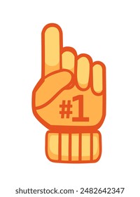 Number one 1 foam hand glove with raised finger, yellow color supporter accessory vector illustration isolated on white background