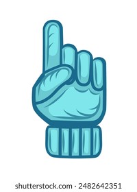 Number one 1 foam hand glove with raised finger, blue color supporter accessory vector illustration isolated on white background