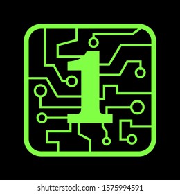 Number One 1 Logo Icon Design in Printed Circuit Board With Green Colors Isolated on Black Background