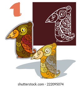 Number one, 1  Numbering, figures in the form of fantastic animals. Vector illustration.