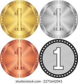 Number One (1) Symbol Circular Round Coin Gold, Silver, Copper, Black-White Silhouette Logo Icon Isolated on White Background