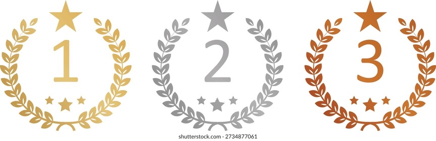 Number one, Number 2, Number 3, gold, silver, bronze crown laurel banner vector icon illustration white background.