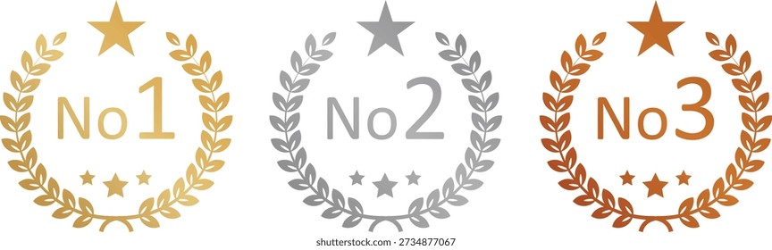 Number one, Number 2, Number 3, gold, silver, bronze crown laurel banner vector icon illustration white background.