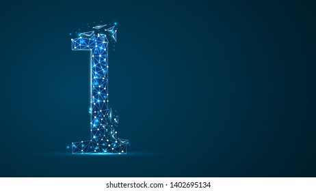 number one 2D low poly abstract illustration consisting of points, lines, and shapes in the form of planets, stars and the universe. Vector digit 1 wireframe.