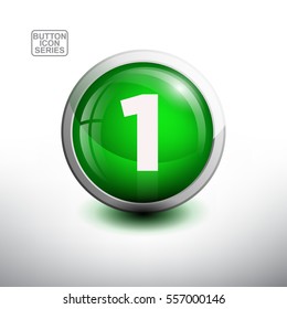 Number One  in 3D Glossy Green Button for web Icon, Education Icon and Alphabet Icon. Vector Illustration 