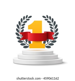 Number one background with blank, red ribbon and olive branch on round pedestal isolated on white. Poster or brochure template. Vector illustration.