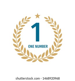 Number one badge logo design with a laurel wreath. Graphic sign emblem. Vector illustration. 