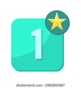 Number one badge. Yellow star symbol. Green square background. Vector icon.