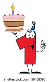 Number One With Birthday Cake And One Candle Lit