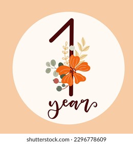 Number one in boho style. Cute doodle element for birthday card template. Scandinavian vector illustration. First birthday party. Baby boho first birthday card template. Bohemian vector illustration.