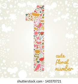 The number One. Bright floral element of colorful alphabet made from birds, flowers, petals, hearts and twigs. Summer floral ABC element in vector