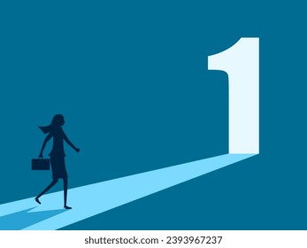 Number one in business. Businesswoman sees a illuminated number one door