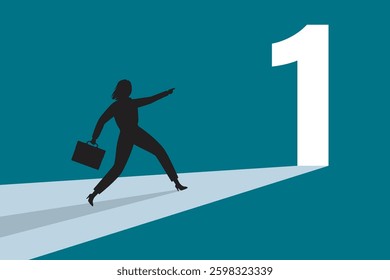 Number one in business. Businesswoman sees and run to illuminated number one door. First place, business competition. Silhouette of entrepreneur with briefcase running to success. vector illustration
