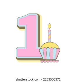 Number one with cake, baby month cards. Monthly milestone. Birthday Party Invitation Card Template 