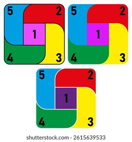 Number one center. Bright color squares. Puzzle vector blocks. Five digit layout.
