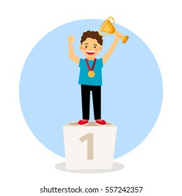 Number One. Child Young Winner Podium. Sport Athletic Kid On Pedestal With Trophy Cup, Isolated On White. Vector Illustration.